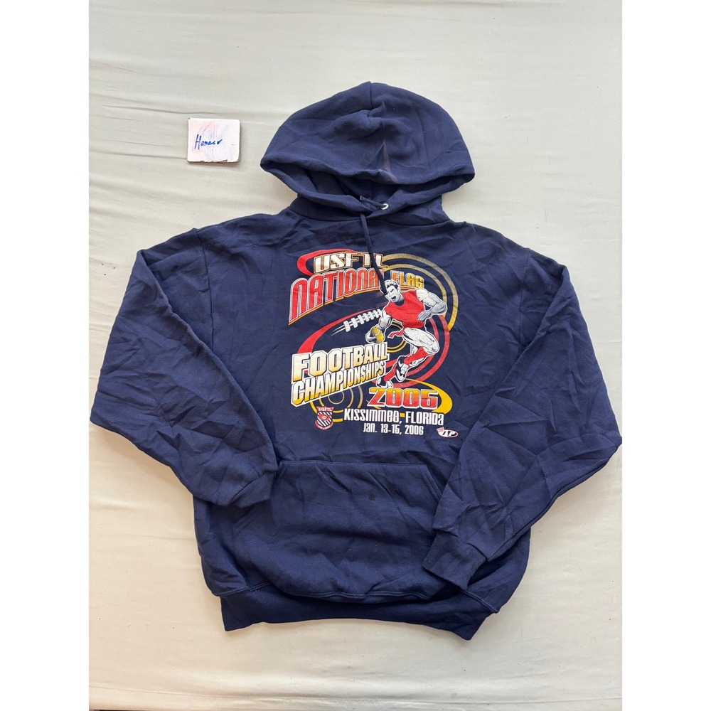 Vintage Jerzees 2006 USFTL Flag Football Championship Hoodie Navy Blue Medium